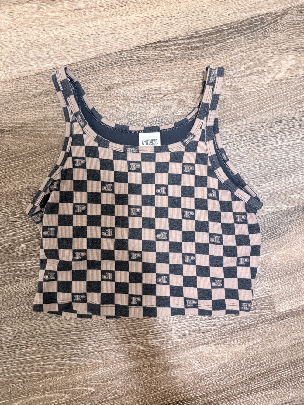 PINK Victoria's Secret Black and Beige Checkerboard Cropped Tank
